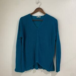 Eileen Fisher V-Neck Box Top Medium LS Sweater Organic Linen Tencel Peacock Blue